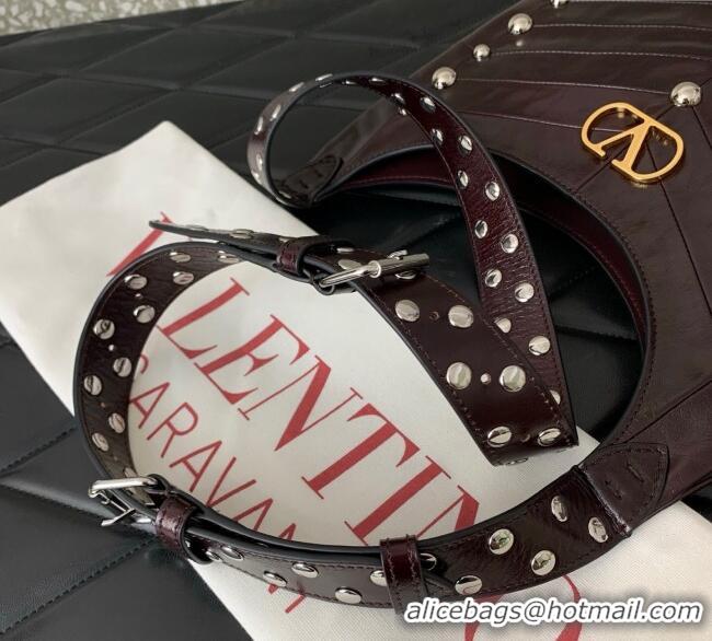 Best Price Valentino Hoboho Small Hobo Bag In Chevron-Patterned Nappa Leather with Studs 0073S Burgundy 2025