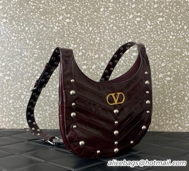Best Price Valentino Hoboho Small Hobo Bag In Chevron-Patterned Nappa Leather with Studs 0073S Burgundy 2025