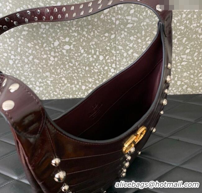 Best Price Valentino Hoboho Small Hobo Bag In Chevron-Patterned Nappa Leather with Studs 0073S Burgundy 2025