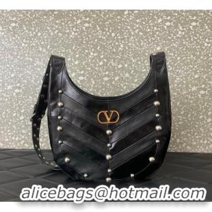 Grade Design Valentino Hoboho Small Hobo Bag In Chevron-Patterned Nappa Leather with Studs 0073S Black 2025