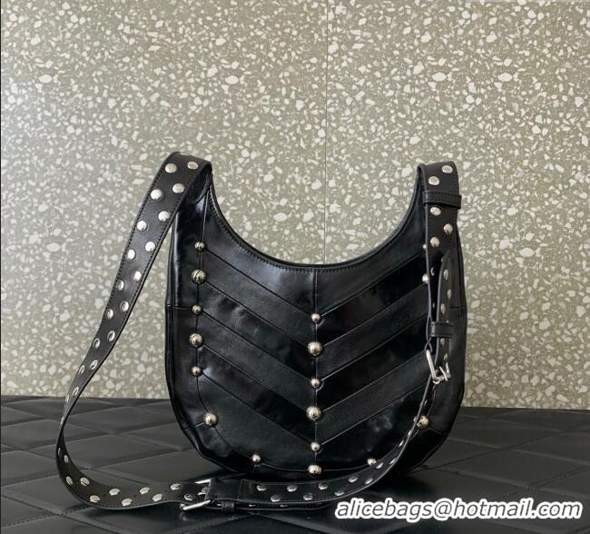 Grade Design Valentino Hoboho Small Hobo Bag In Chevron-Patterned Nappa Leather with Studs 0073S Black 2025