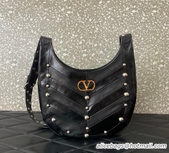Grade Design Valentino Hoboho Small Hobo Bag In Chevron-Patterned Nappa Leather with Studs 0073S Black 2025