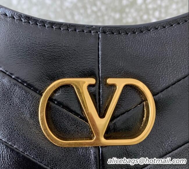 Grade Design Valentino Hoboho Small Hobo Bag In Chevron-Patterned Nappa Leather with Studs 0073S Black 2025