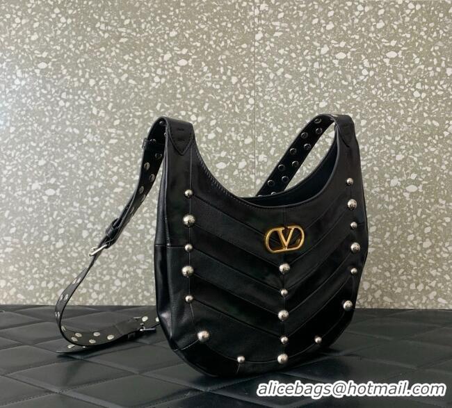 Grade Design Valentino Hoboho Small Hobo Bag In Chevron-Patterned Nappa Leather with Studs 0073S Black 2025