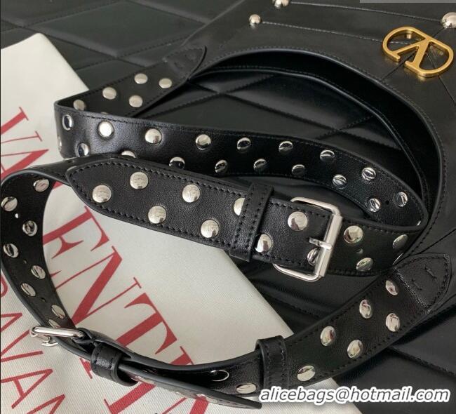 Grade Design Valentino Hoboho Small Hobo Bag In Chevron-Patterned Nappa Leather with Studs 0073S Black 2025