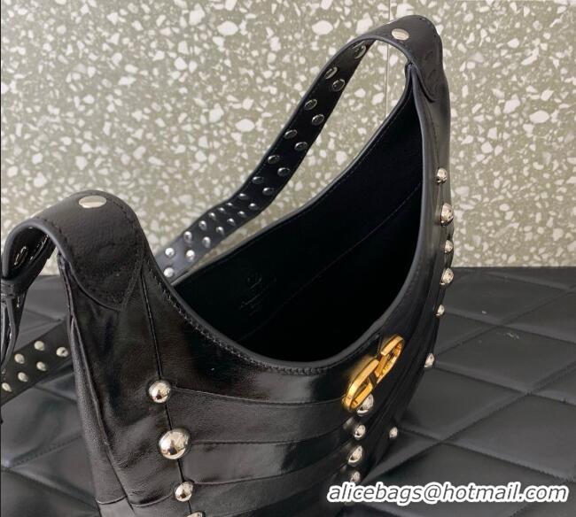 Grade Design Valentino Hoboho Small Hobo Bag In Chevron-Patterned Nappa Leather with Studs 0073S Black 2025