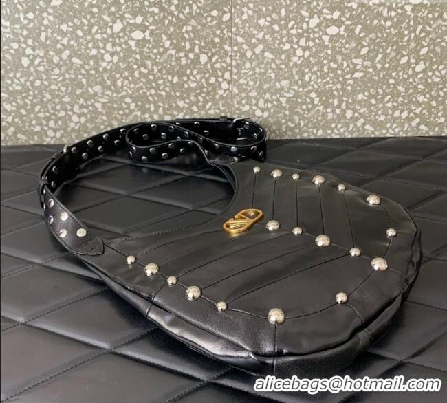 Grade Design Valentino Hoboho Small Hobo Bag In Chevron-Patterned Nappa Leather with Studs 0073S Black 2025