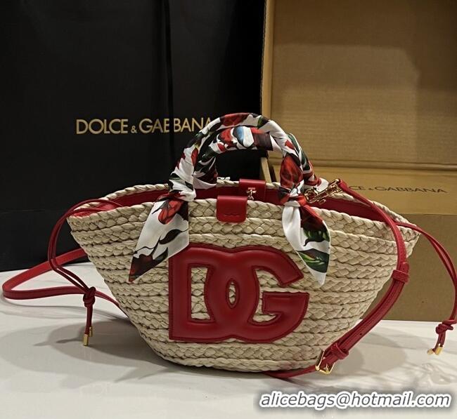 Luxury Cheap Dolce&Gabbana Small Straw Shopper Bag 2828 Red 2025