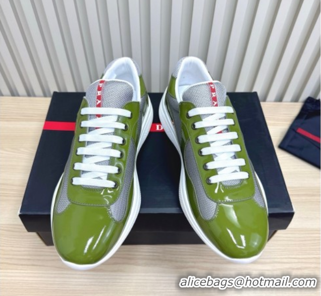 Discount Prada Men's America's Cup Bike Patent Leather and Fabric Sneakers Light Green 2025 3E6420 1027123