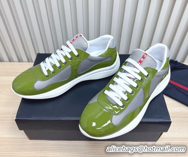 Discount Prada Men's America's Cup Bike Patent Leather and Fabric Sneakers Light Green 2025 3E6420 1027123