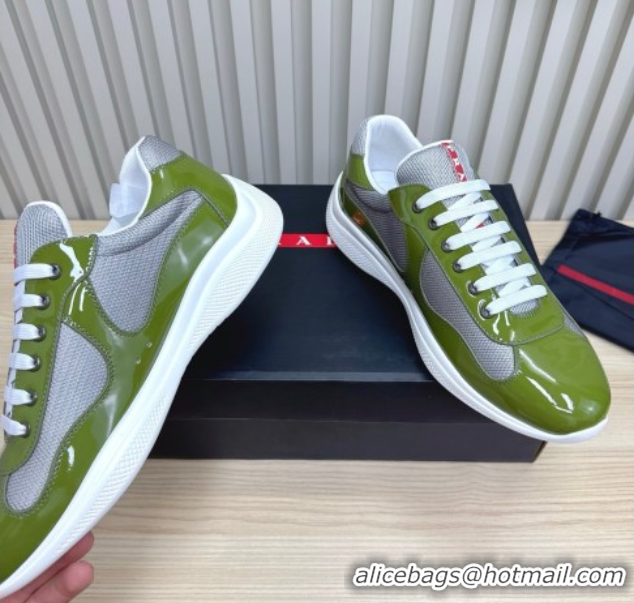 Discount Prada Men's America's Cup Bike Patent Leather and Fabric Sneakers Light Green 2025 3E6420 1027123