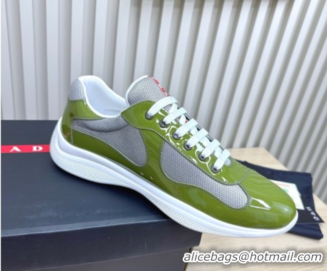 Discount Prada Men's America's Cup Bike Patent Leather and Fabric Sneakers Light Green 2025 3E6420 1027123