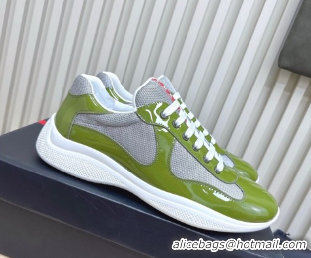 Discount Prada Men's America's Cup Bike Patent Leather and Fabric Sneakers Light Green 2025 3E6420 1027123