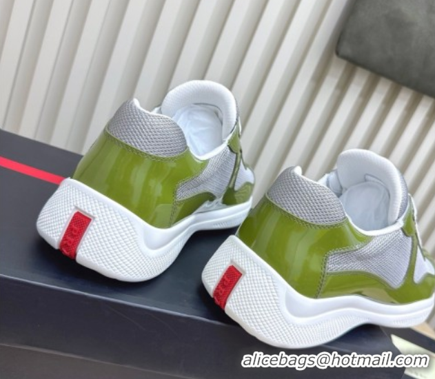 Discount Prada Men's America's Cup Bike Patent Leather and Fabric Sneakers Light Green 2025 3E6420 1027123