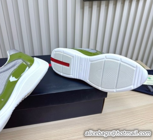 Discount Prada Men's America's Cup Bike Patent Leather and Fabric Sneakers Light Green 2025 3E6420 1027123