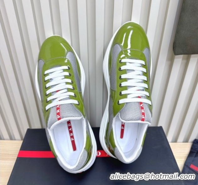 Discount Prada Men's America's Cup Bike Patent Leather and Fabric Sneakers Light Green 2025 3E6420 1027123
