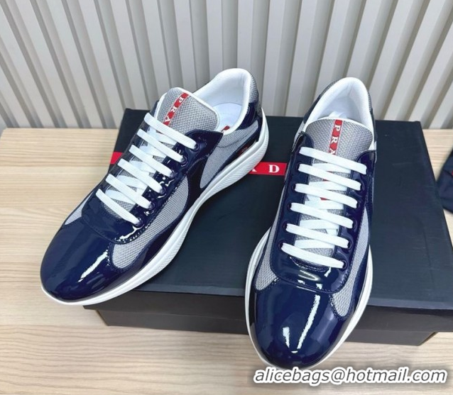 Big Discount Prada Men's America's Cup Bike Patent Leather and Fabric Sneakers Navy Blue 2025 3E6420 1027124