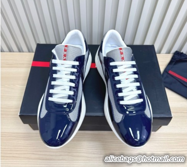 Big Discount Prada Men's America's Cup Bike Patent Leather and Fabric Sneakers Navy Blue 2025 3E6420 1027124