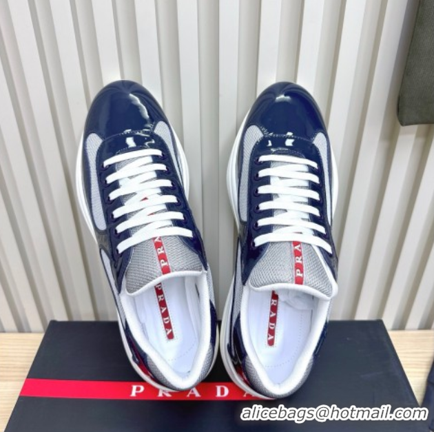 Big Discount Prada Men's America's Cup Bike Patent Leather and Fabric Sneakers Navy Blue 2025 3E6420 1027124