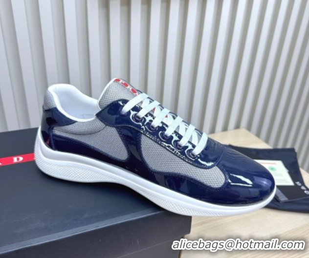 Big Discount Prada Men's America's Cup Bike Patent Leather and Fabric Sneakers Navy Blue 2025 3E6420 1027124