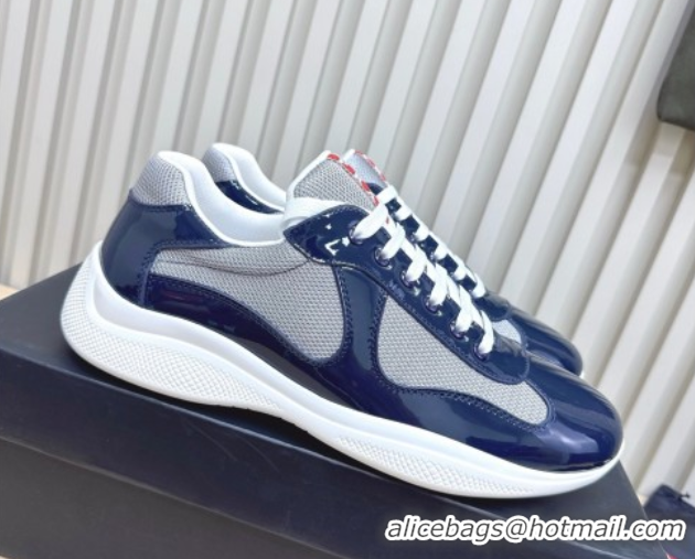 Big Discount Prada Men's America's Cup Bike Patent Leather and Fabric Sneakers Navy Blue 2025 3E6420 1027124