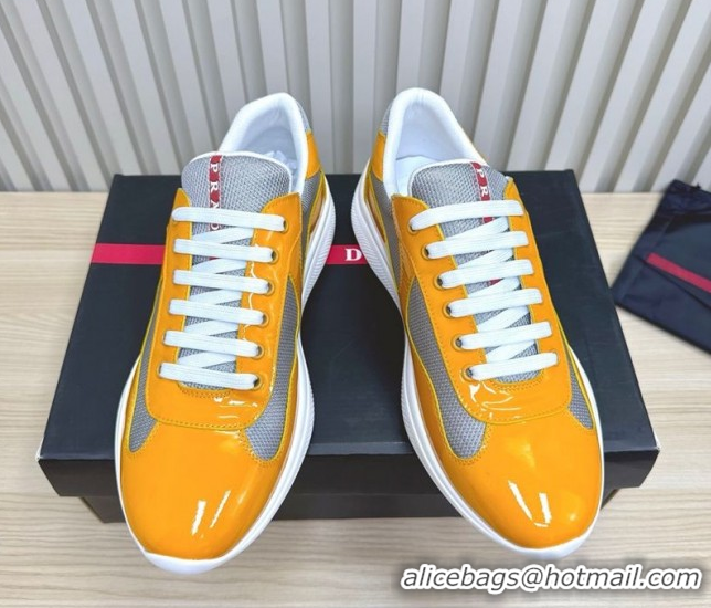 Good Product Prada Men's America's Cup Bike Patent Leather and Fabric Sneakers Yellow 2025 3E6420 1027125
