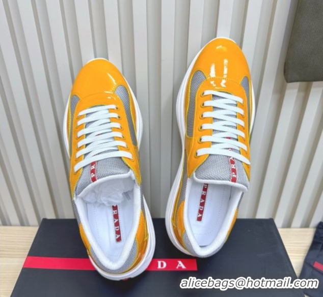 Good Product Prada Men's America's Cup Bike Patent Leather and Fabric Sneakers Yellow 2025 3E6420 1027125