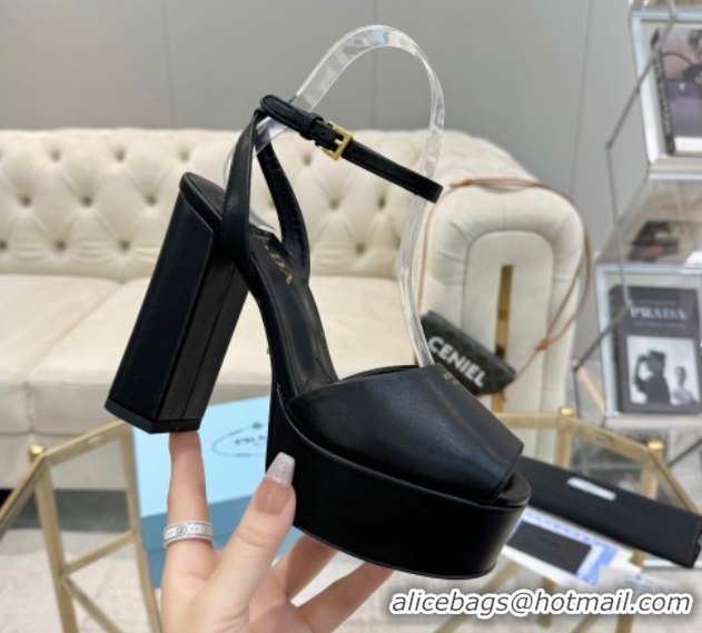 Most Popular Prada Leather Platform Heel Sandals 12cm Black 2025 PR102707 1027129