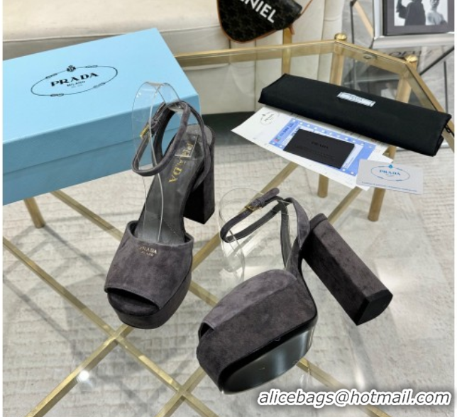 Stylish Prada Suede Platform Heel Sandals 12cm Dark Grey 2025 PR102707 1027133