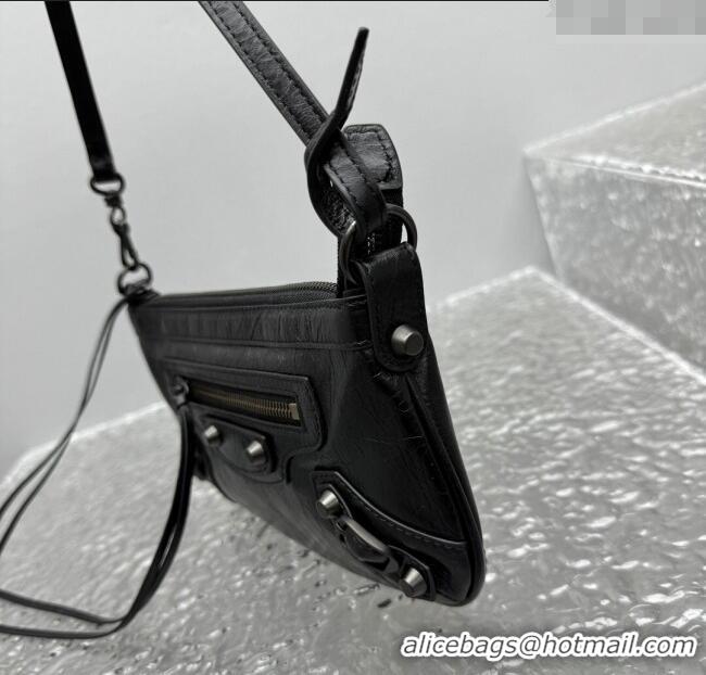 Inexpensive Balenciaga Le City Moto Small Shoulder Bag in Arena Storico Lambskin 92601 Black 2025