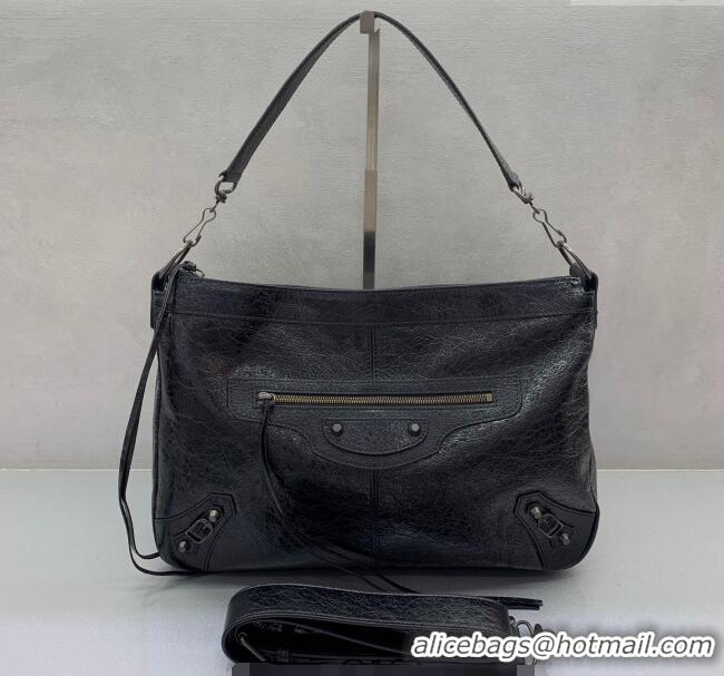 Top Grade Balenciaga Le City Moto Medium Shoulder Bag in Arena Storico Lambskin 92601 Black 2025