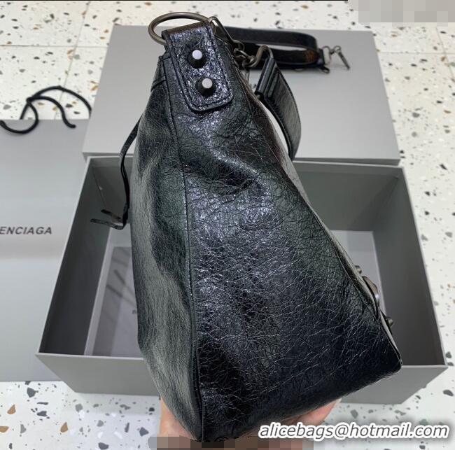 Top Grade Balenciaga Le City Moto Medium Shoulder Bag in Arena Storico Lambskin 92601 Black 2025