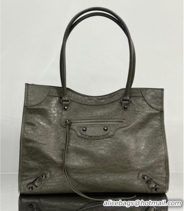 Big Discount Balenciaga Le City Tote Bag Medium in Arena Storico Lambskin 1029 Army Green 2025