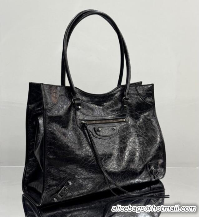 Promotional Balenciaga Le City Tote Bag Medium in Arena Storico Lambskin 1029 Black 2025