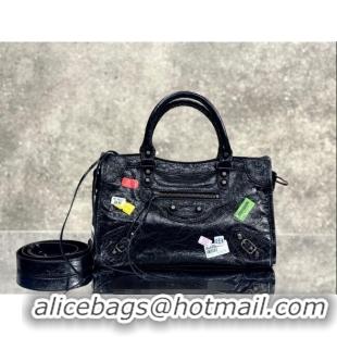 Buy Discount Balenciaga Le City Bag Small in black Arena Storico lambskin with printed stickers B0623 2025