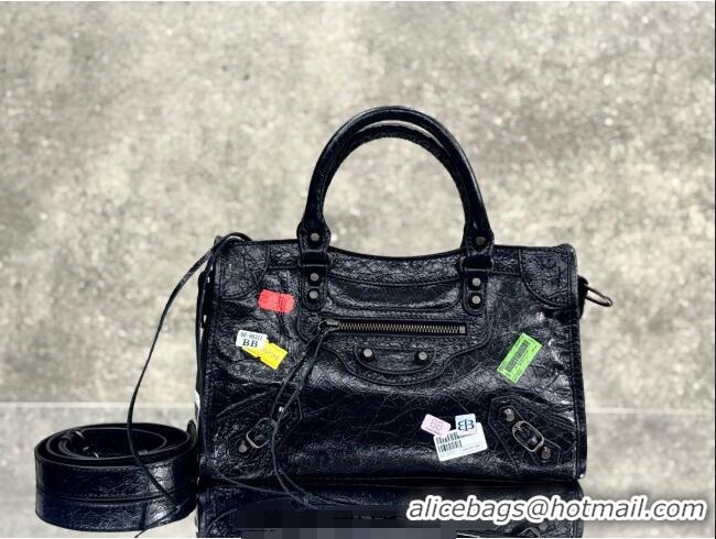 Buy Discount Balenciaga Le City Bag Small in black Arena Storico lambskin with printed stickers B0623 2025