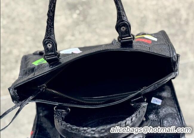 Buy Discount Balenciaga Le City Bag Small in black Arena Storico lambskin with printed stickers B0623 2025