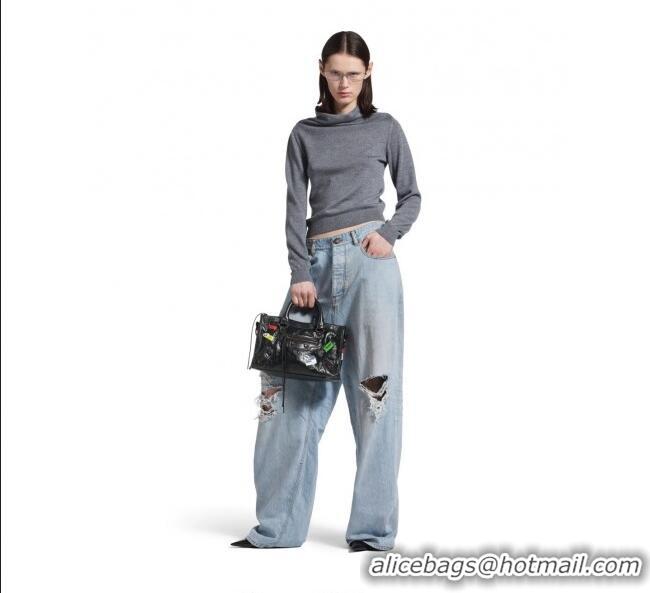 Buy Discount Balenciaga Le City Bag Small in black Arena Storico lambskin with printed stickers B0623 2025