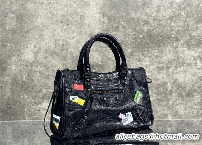 Buy Discount Balenciaga Le City Bag Small in black Arena Storico lambskin with printed stickers B0623 2025