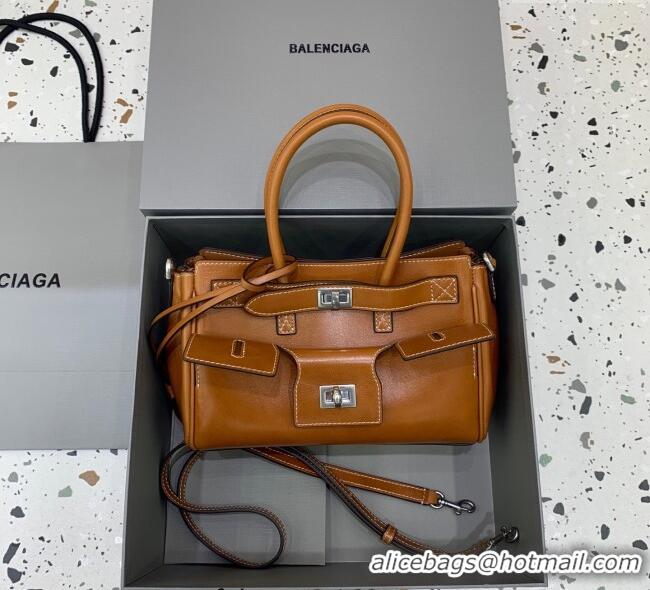 Famous Brand Balenciaga Bel Air Carry All Tote Bag Mini in smooth calfskin, aged-silver hardware 11120 Brown 2025