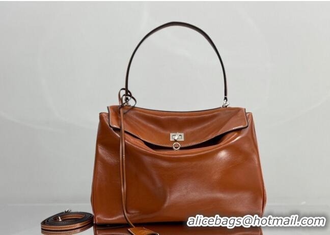 Shop Fashion Balenciaga Rodeo Medium Handbag in smooth calfskin And aged-silver hardware 78972 tan brown 2025