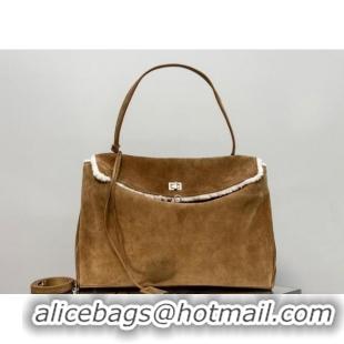 Shop Best Balenciaga Rodeo Large Handbag in suede and white fleecel With aged-silver hardware 78972 brown 2025