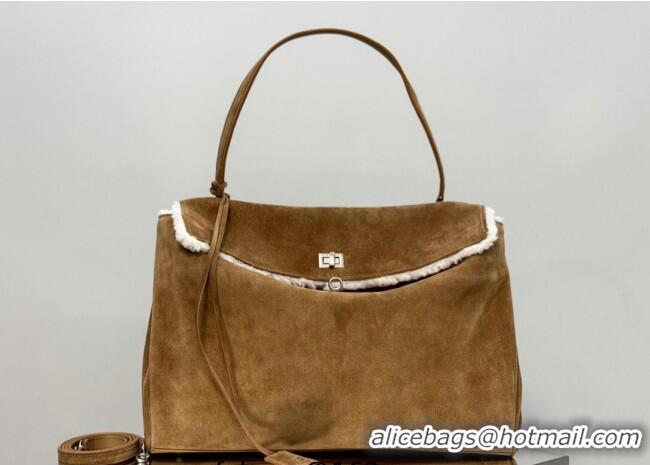 Shop Best Balenciaga Rodeo Large Handbag in suede and white fleecel With aged-silver hardware 78972 brown 2025