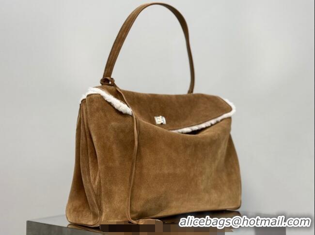 Shop Best Balenciaga Rodeo Large Handbag in suede and white fleecel With aged-silver hardware 78972 brown 2025