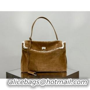 Affordable Price Balenciaga Rodeo Medium Handbag in suede and white fleecel With aged-silver hardware 78972 brown 2025