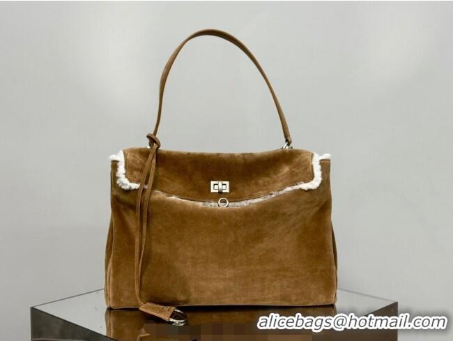 Affordable Price Balenciaga Rodeo Medium Handbag in suede and white fleecel With aged-silver hardware 78972 brown 2025