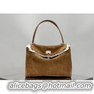 Luxury Discount Balenciaga Rodeo Small Handbag in suede and white fleecel With aged-silver hardware 78972 brown 2025