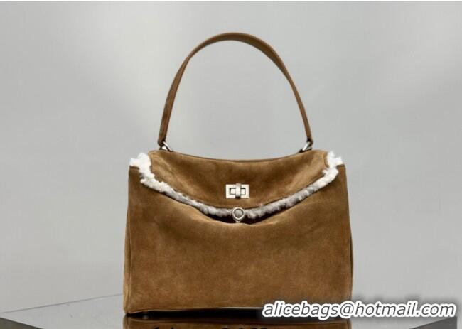 Luxury Discount Balenciaga Rodeo Small Handbag in suede and white fleecel With aged-silver hardware 78972 brown 2025