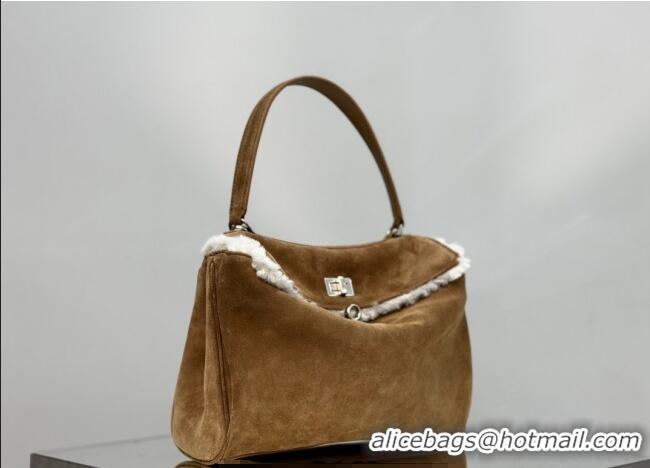 Luxury Discount Balenciaga Rodeo Small Handbag in suede and white fleecel With aged-silver hardware 78972 brown 2025