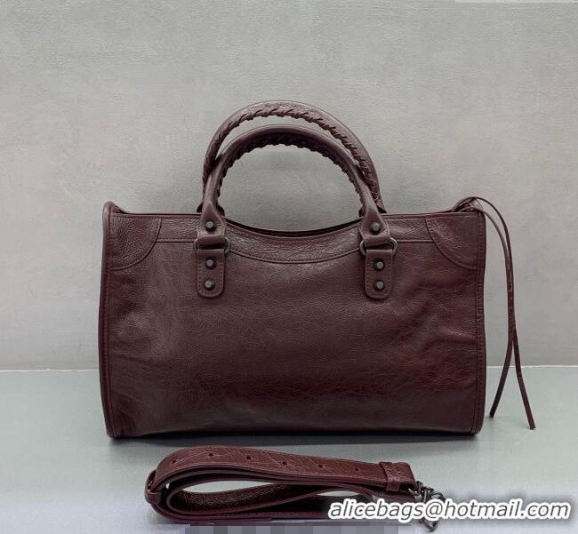 Good Taste Balenciaga Le City Medium Bag in Arena Storico lambskin 0925 Burgundy 2025